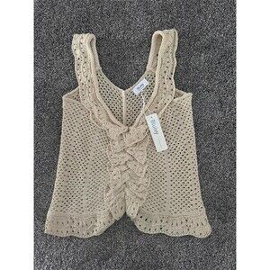 BluiVy Tank Top Womens M Beige Crochet Openwork Lace-Up Ruffle Hem